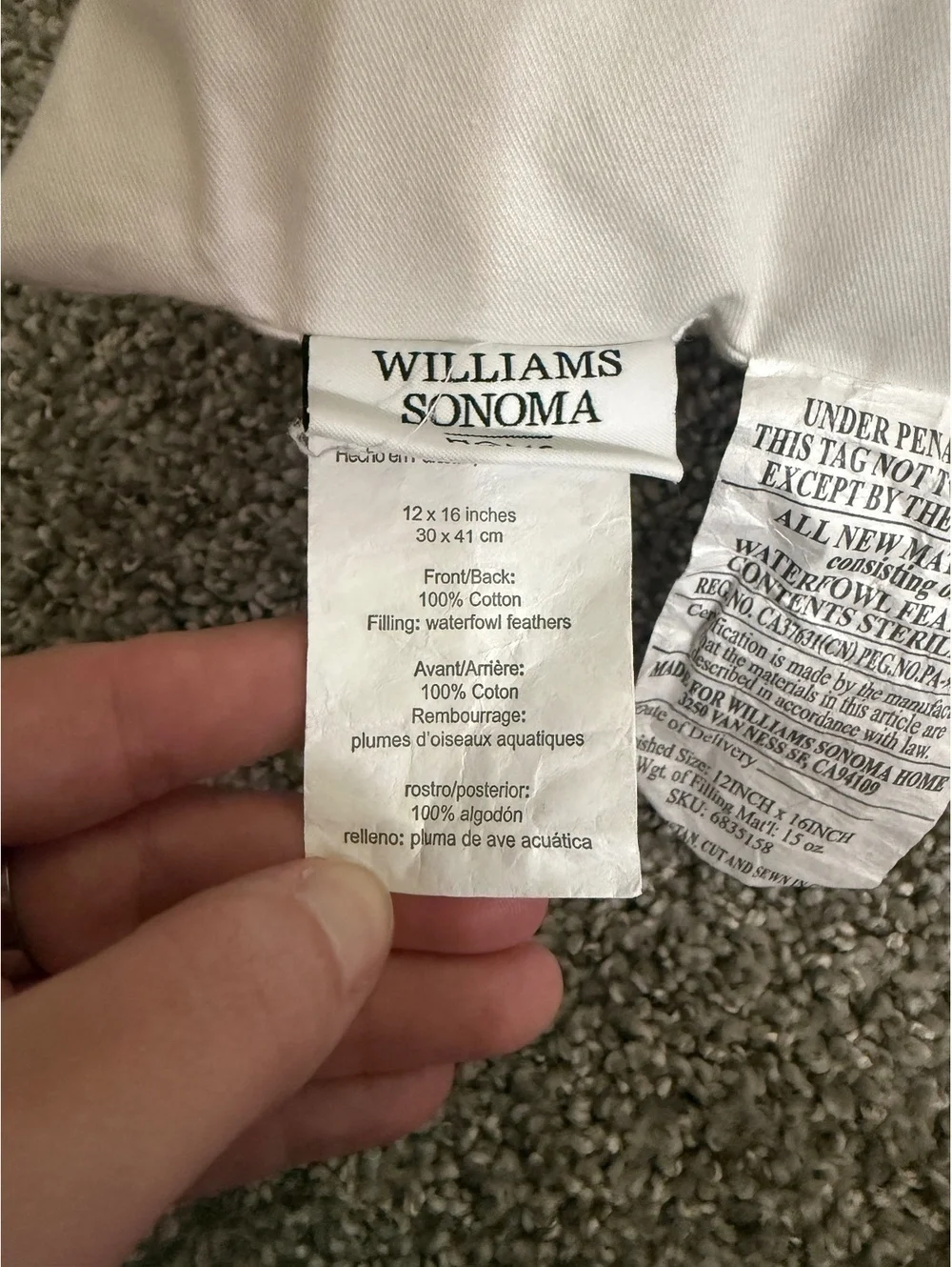 12x16 Williams Sonoma Home Feather Pillow Insert